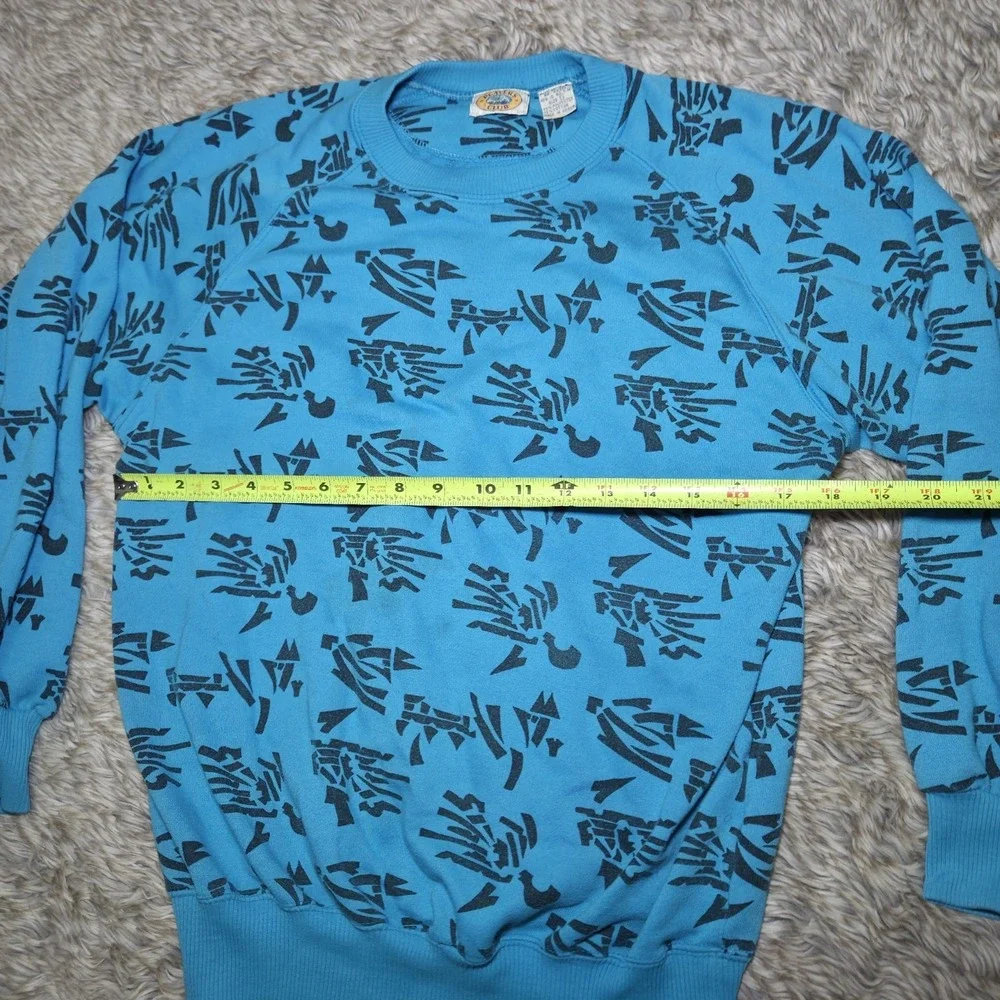 Vintage 80s Players Club Abstract‎ Print Sweatshirt Teal Blue Small AOP